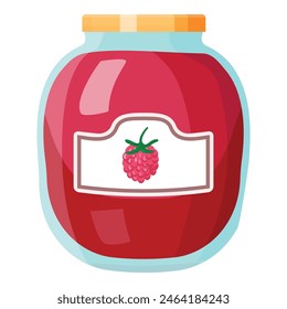 Colorful cartoon of a sealed jar filled with red raspberry jam, isolated on a white background