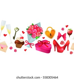 Colorful cartoon seamless horizontal border with Valentine's Day icons. Vector.