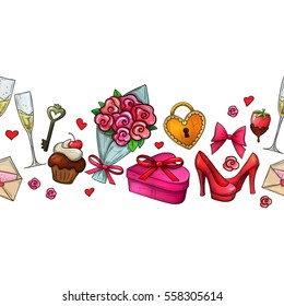 Colorful cartoon seamless horizontal border with Valentine's Day icons. Vector.