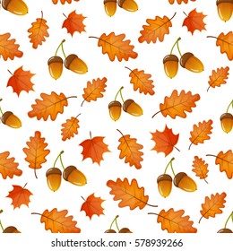 Colorful Cartoon Seamless Pattern With Acorns And Leaves. Vector.