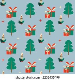 Colorful cartoon seamless pattern with Christmas trees, candles, gifts. Cute blue winter wallpaper. Vector Design illustration. Happy New Year concept. Winter time