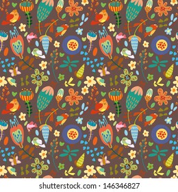 Colorful cartoon seamless pattern. Cute birds in flowers