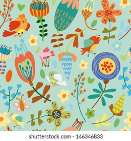 Dibujo colorido, sin fisuras. Aves cortadas en flores