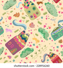 Colorful cartoon seamless pattern. Cute seals, walked around the houses. Birds, houses and cats - cartoon, kids seamless pattern.