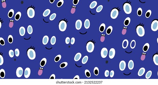 Colorful cartoon seamless pattern with eyes and mouse in simple hand drawn style. Vector funny isolated doodles illustration. Vintage wallpaper in blue colors.