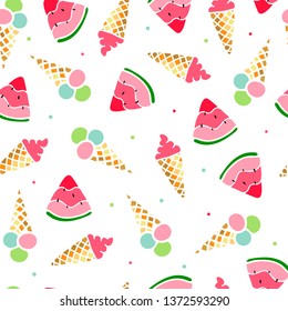 colorful cartoon seamless pattern with hand drawn watermelons and ice cream. textile and fabric print, wallpaper, stationary, scrapbooking, wrapping paper design. summer background template. eps 10
