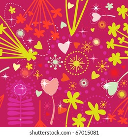 Colorful cartoon seamless pattern - Heart in flowers - vector illustration