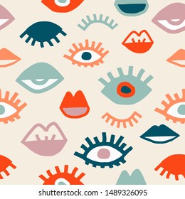Colorful cartoon seamless pattern with opened, closed eyes and lips in simple hand drawn style. Vector funny isolated doodles illustration. Vintage wallpaper in pastel colors.