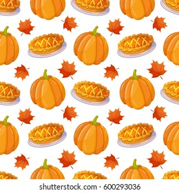 Colorful cartoon seamless pattern with pumpkin and leaves. Vector.