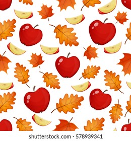 Colorful cartoon seamless pattern with red apples and leaves. Vector.