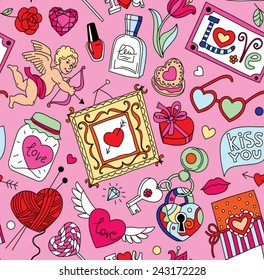 Colorful cartoon seamless vector pattern for Valentine's Day. Hearts, "Love" lettering, cupids, flowers, perfumes and other romantic elements on a pink background. 