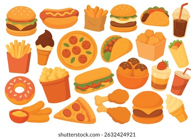 Colorful cartoon set with burgers, pizza, fries, hot dogs, desserts and drinks. Flat vector style.