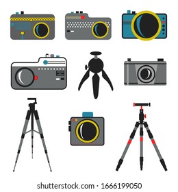 Colorful cartoon set of cameras and tripods, can be used for poster, postcard and children book. Vector stock illustration in bright colors.