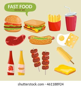 Colorful cartoon set of fast food vector isolated icons. Ketchup, sauce, mustard, french fries, hamburger, potatos, hot dog.