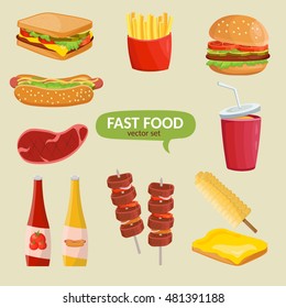 Colorful cartoon set of fast food vector isolated icons. Ketchup, sauce, mustard, french fries, hamburger, potatos, hot dog.