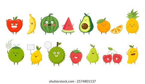 A colorful cartoon set of fruits and vegetables with a variety of healthy options like apple, banana, strawberry, lemon, and avocado