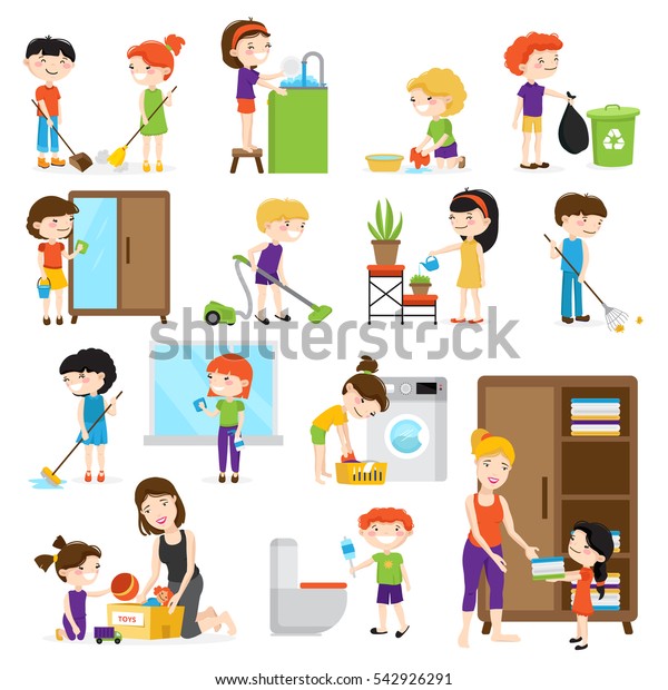 Colorful Cartoon Set Kids Cleaning Rooms Stock Vector (Royalty Free ...