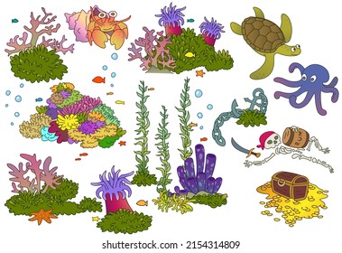 colorful cartoon set of marine life and plants for underwater reef