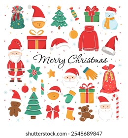 Colorful cartoon set of New Year and Christmas objects and symbols. Festive winter design elements. Santa Claus, fir tree, gift box, christmas stockings.