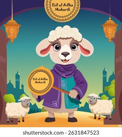 A colorful cartoon sheep design perfect for Eid ul-Adha celebrations. Bright and cheerful, this vector is great for children’s books, greeting cards, stickers, posters, or Islamic holiday decor.