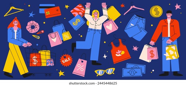 Colorful cartoon shopping concept set. Retro 90s style characters, shopping packages, discounts, clothes, coin, credit cards and cash isolated on dark blue background.