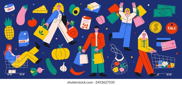 Conjunto de concepto de compras de dibujos animados colorido. Personajes, bolsas de compras, comestibles, descuentos, monedas, tarjetas de crédito y dinero en efectivo aislado sobre fondo azul oscuro.