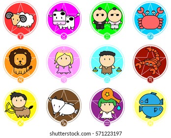 Colorful Cartoon sign of twelve Zodiac star icon vector isolated