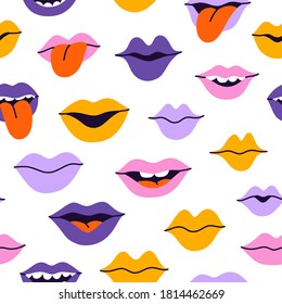 Colorful cartoon smiles and kisses, vector seamless pattern on white background