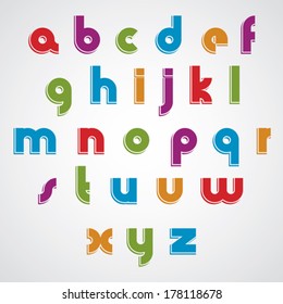 Colorful cartoon smooth font, rounded lowercase letters with white outline.