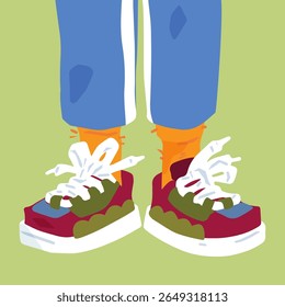 Colorful Cartoon Sneakers Illustration. Flat cartoon illustration of colorful sneakers with white laces and bright socks. Bold palette, casual street style, front view, isolated on green background.