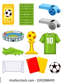 Colorful cartoon soccer 11 elements set. Sport theme vector illustration for icon, sticker sign, patch, certificate badge, gift card, stamp logo, label