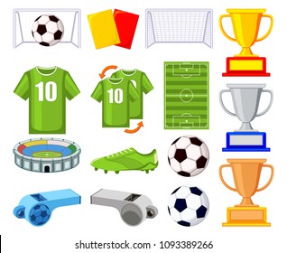 Colorful cartoon soccer 15 elements set. Sport theme vector illustration for icon, sticker sign, patch, certificate badge, gift card, stamp logo, label, poster, web banner, flayer invitation