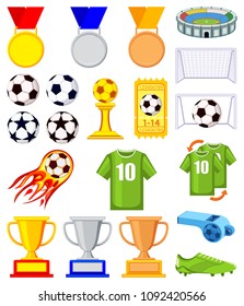 Colorful cartoon soccer 20 elements set. Sport theme vector illustration for icon, sticker sign, patch, certificate badge, gift card, stamp logo, label, poster, web banner, flayer invitation