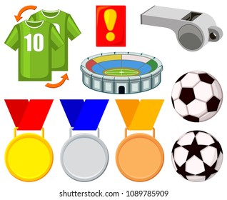 Colorful cartoon soccer 9 elements set. Sport theme vector illustration for icon, sticker sign, patch, certificate badge, gift card, stamp logo, label, poster
