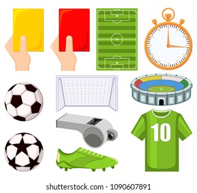 Colorful cartoon soccer championship 11 elements set. Sport theme vector illustration for icon, sticker sign, patch, certificate badge, gift card, stamp logo, label, poster