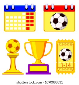 Colorful cartoon soccer championship waiting elements set. Sport theme vector illustration for icon, sticker sign, patch, certificate badge, gift card, stamp logo, label, poster, web banner, flayer