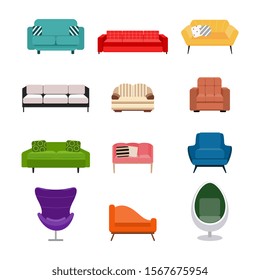 Colorful cartoon sofa, couch and armchair set isolated on white background - flat collection of different types of sofas and chairs for living room, vector illustration