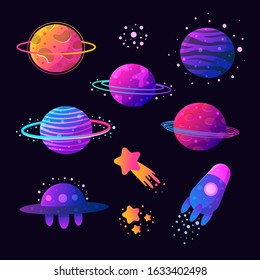 Colorful cartoon space . Alien planets, UFOs, stars, spaceship, comets, rockets and missiles objects in the kit. Fantasy cosmic items for mobile game or web design.