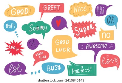 Colorful cartoon speech bubble with handwritten short text good luck, sorry, busy, miss you, super. Talk bubble box. Speak balloon. Communication, dialog, feedback vector symbols. Vector illustration.