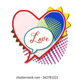Colorful Cartoon Speech Bubble in the Shape of a Heart. Vector. Retro Style. Pop Art. Comics. Valentines Day Design Elements. 