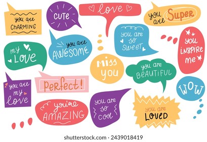 Colorful cartoon speech bubbles with compliments and encouragement words. Short handwritten text.  Speak balloon. Communication, dialog, feedback vector symbols. Vector illustration.