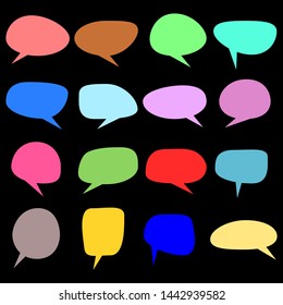 colorful cartoon speech bubbles set; blank space chat box with different shape for add words or talking isolated on black background. vector illustration 