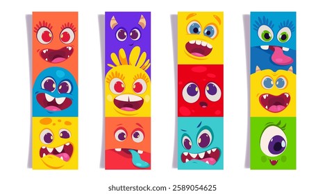 Colorful cartoon square monster. Set of bookmarks for books and booklets. Scary face masks with creepy mouth and eyes Vector illustrations.Alien creatures avatars with different comic expressions 