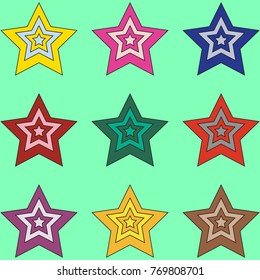 Colorful cartoon star icons isolated on light azure background. Vector stars set