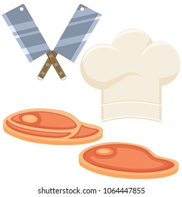 Colorful cartoon steak cooking set. Food themed vector illustration for gift card certificate sticker, badge, sign, stamp, logo, label, icon, poster, patch