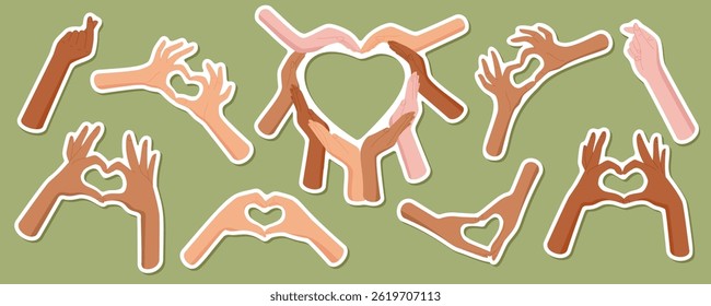 Colorful cartoon sticker set with diverse hand gestures forming heart shapes. Symbol of love, heart gesture, and friendship for k-pop themes or creative designs. Perfect for promoting cheerful,