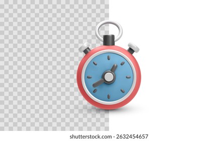 Colorful cartoon stopwatch with blue dial and red frame, isolated on transparent background. Vector illustration perfect for timer, countdown, productivity, sports, speed, or time management designs.