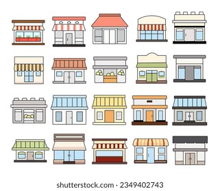 Colorful cartoon store and building set, vector illustration design template