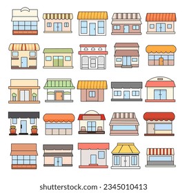 Colorful cartoon store and random building collection, shop building vector illustration set