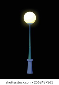 Colorful cartoon street lamp illuminated against a dark background. Perfect for adding a whimsical touch to night-time scenes or urban-themed designs.